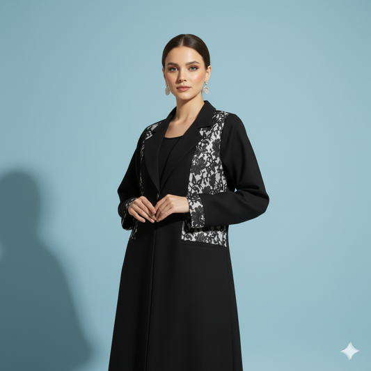 Elegant Black Abaya with Lace Panel Design – Premium Modest Wear